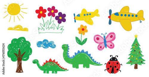Collection of whimsical hand drawn cartoon illustrations featuring a sunny day flowers airplanes dinosaurs a ladybug and a christmas tree