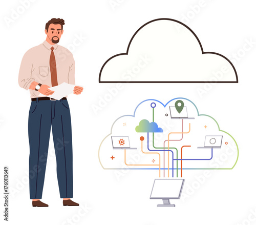 Businessman holding documents beside cloud representing data network with devices connected by lines. Ideal for technology, cloud storage, network management, data analytics, IT concepts, digital