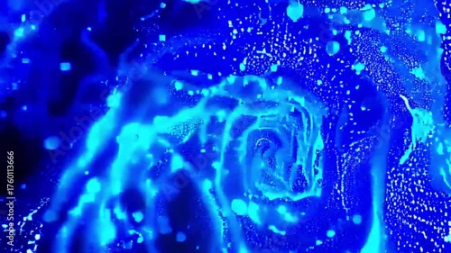 Vibrant Glowing Blue Abstract Liquid Swirling with Energetic Particles on a Dark Background