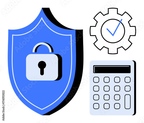 Blue shield with lock, calculator, checklist in gear symbolizing security, privacy, and risk assessment. Ideal for cybersecurity, finance, secure access, regulatory compliance protection strategy