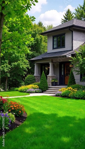 Stunning Modern Home Landscape Lush Green Lawn, Vibrant Flowerbeds, Mature Trees, Professional Landscaping Design