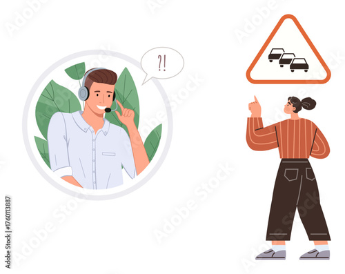 Male customer service agent with headset responds to woman pointing at traffic hazard sign. Ideal for customer support, guidance, road safety, navigation aid, communication, consultation, simple flat