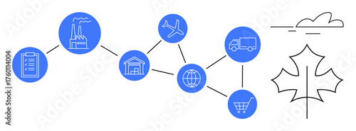 Connected nodes feature manufacturing, warehouse, transportation, shopping cart, earth, and nature leaf. Ideal for logistics, sustainability, environmental impact global trade supply chain