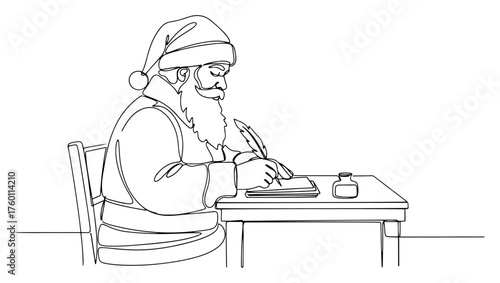 Santa Claus writing a letter. Making a naughty or nice list. Christmas holiday character sitting at a desk in a continuous one line drawing style. Vector illustration.