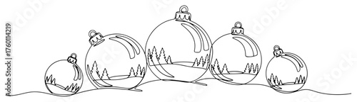Christmas baubles continuous line border — black vector holiday divider with winter landscape and fir trees