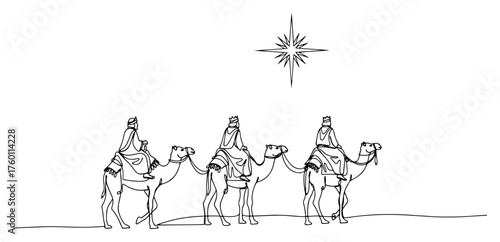 Biblical Magi Journey in One Continuous Line Art. Three Wise Men Following the Star of Bethlehem. Christian Nativity Scene.