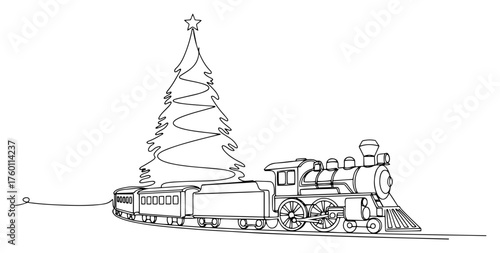 Christmas Train with Festive Tree in One Continuous Line Art. Vintage Holiday Express Locomotive. Vector Drawing.