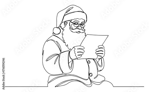 Santa Claus Reading a List Continuous Line Drawing. Vector Illustration of a Christmas Character.