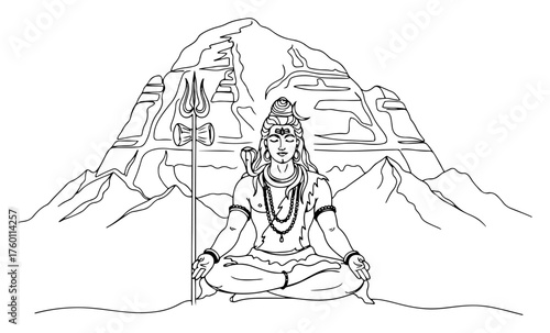 Lord Shiva Meditating in Himalayas Line Art. Vector Illustration of a Hindu God with Trident.
