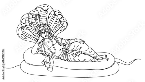 Lord Vishnu reclining on the cosmic serpent Ananta Shesha. Hindu deity of preservation. Continuous one line drawing style. Vector illustration.
