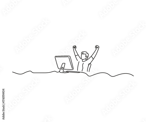 Digital Triumph: A line-art depiction showcases a figure exuding victory, arms raised triumphantly, after working with the screen.