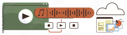 Audio waveform with play controls, video screen, cloud storage, graph, and documents. Ideal for media editing, production, creativity, digital tools content sharing innovation simple flat metaphor