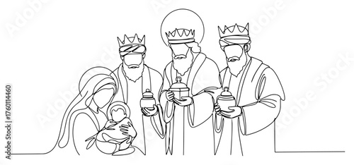 Nativity Scene with Three Wise Men Continuous Line Drawing. Vector Illustration of the Adoration of the Magi.