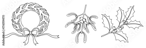 Christmas Decorations Line Art Set. Vector Collection of Wreath Mistletoe and Holly Outline Illustrations.