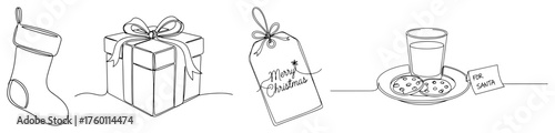 Christmas Eve Essentials in One Continuous Line Art. Stocking Gift and Cookies for Santa. Vector Holiday Drawing.