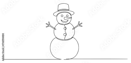 Happy Snowman in Top Hat. Continuous One Line Art. Vector Winter Christmas Character Drawing.