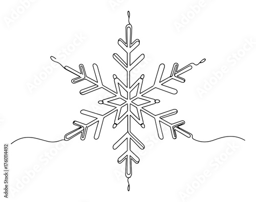 Ornate Snowflake in One Continuous Line Art. Winter and Christmas Symbol. Vector Minimalist Decoration.