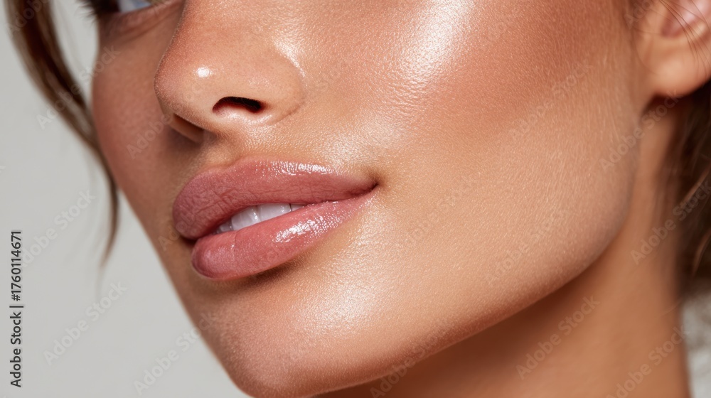 Fototapeta premium A young woman displays smooth skin and glossy lips while posing for a beauty shoot in a well-lit studio. Her natural makeup enhances her features.