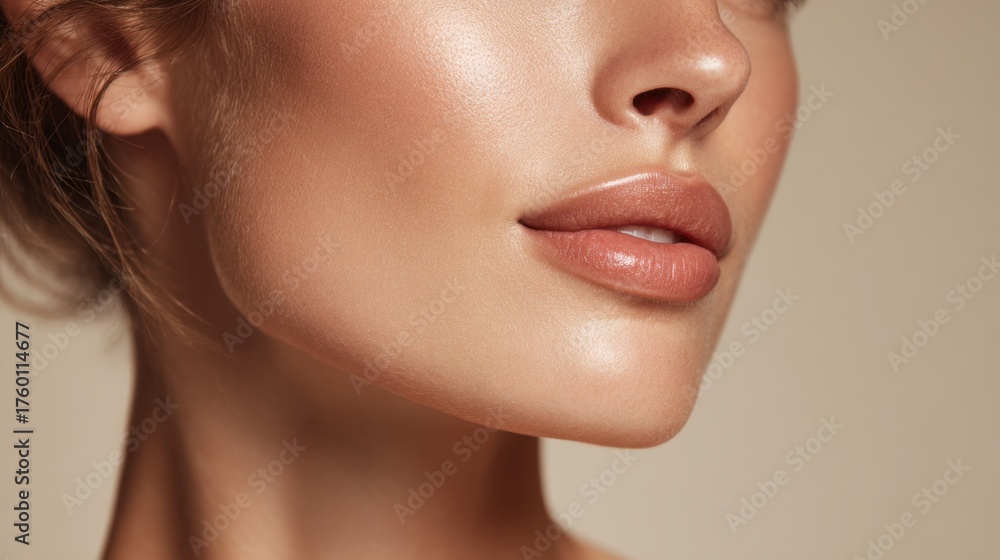 Fototapeta premium A woman is highlighted in soft lighting emphasizing her flawless skin and defined jawline. The warm tones enhance her natural beauty creating an inviting and serene atmosphere.