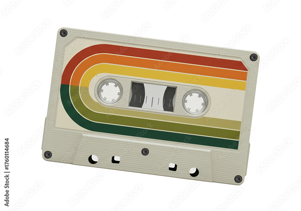 Naklejka premium Vibrant striped audio cassette tape, a classic retro music format symbol, isolated on white.