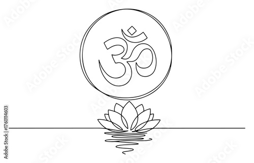 Om (Aum) symbol with a lotus flower. Sacred Hindu mantra for yoga and meditation in a continuous one line drawing style. Vector illustration.
