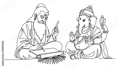Lord Ganesha Writing Mahabharata with Sage Vyasa Continuous Line Drawing. Vector Hindu Mythology Illustration.