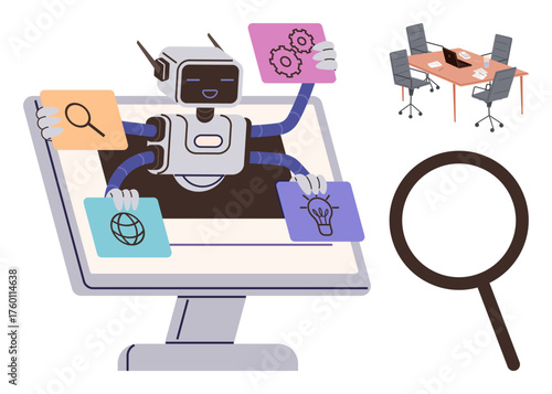Robot with four arms holding search, global web, ideas, and settings icons, emerging from a screen. Office table with chairs and magnifying glass nearby. Ideal for AI, automation, innovation
