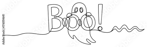Cute ghost hiding behind the word Boo. Halloween holiday banner in a continuous one line drawing style. Vector illustration.