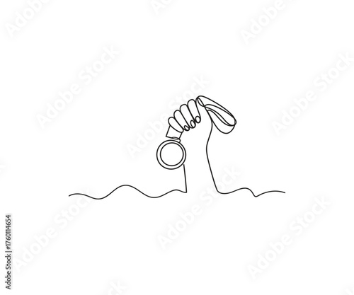 Triumphant Ascent: A single, continuous line gracefully illustrates a hand proudly clutching a gold medal, a symbol of victory and triumph. It represents the pinnacle of achievement.