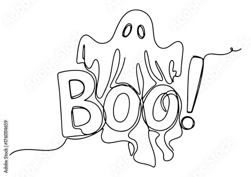 Spooky ghost with the word Boo. Halloween holiday concept in a continuous one line drawing style. Vector illustration.