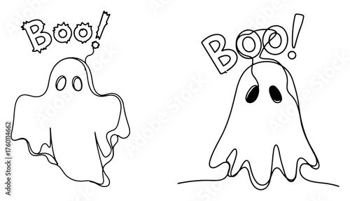 Set of cute ghosts saying Boo. Funny Halloween characters in a continuous one line drawing style. Vector illustration.