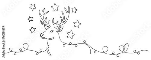 Christmas Reindeer with Stars and Lights Continuous Line Drawing. Minimalist Vector Holiday Illustration.