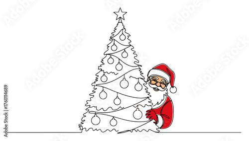 Santa Claus Peeking Behind Christmas Tree Continuous Line Drawing. Vector Holiday Illustration with Red Color Accent.