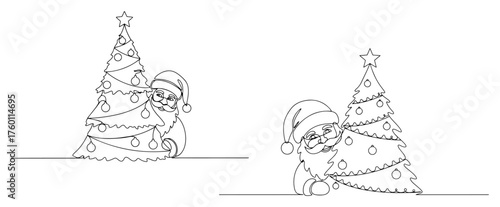 Playful Santa Claus Peeking from Behind a Christmas Tree. One Continuous Line Art. Vector Holiday Illustration Set.