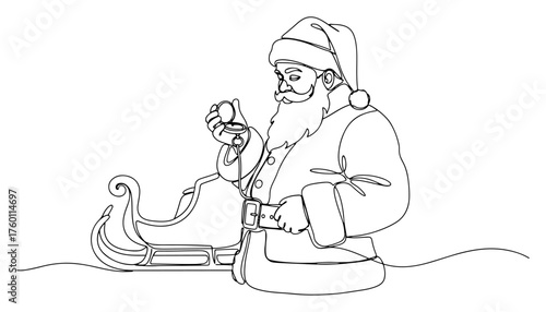 Santa Claus with Sleigh Continuous Line Drawing. Vector Illustration of Santa checking a pocket watch.