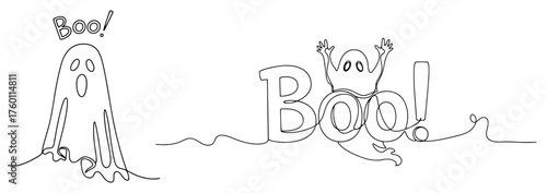 Cute Halloween Ghosts with Boo Lettering. Continuous One Line Art Drawing. Vector Spooky Holiday Characters Set.