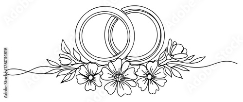 Wedding Rings with Floral Decoration in One Continuous Line Art. Romantic Symbol of Love and Marriage. Vector Invitation Element.