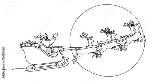 Santa Claus flying in a sleigh with reindeer against the full moon. Christmas Eve journey in a continuous one line drawing style. Vector illustration.