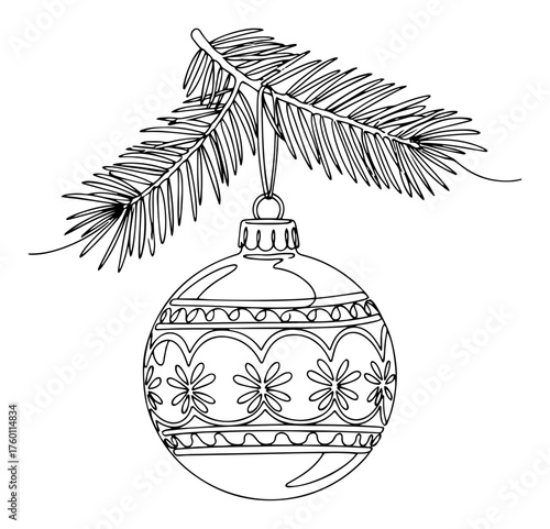 Christmas ball ornament hanging on a fir tree branch. Holiday decoration in a continuous one line drawing style. Vector illustration.