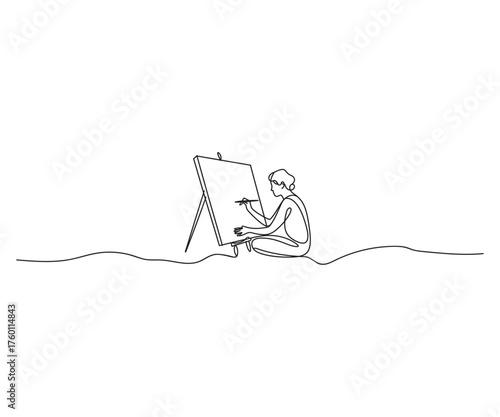 Artistic Pursuit: A minimalist line drawing captures the essence of creation, as an artist meticulously crafts on a canvas. The image celebrates the act of painting, representing the creative spirit.