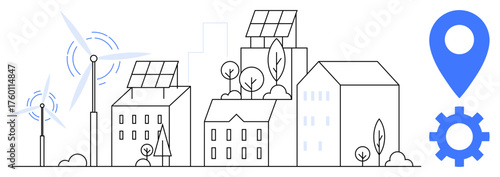 Buildings with solar panels, wind turbines, trees, GPS pin, and gear symbolizing renewable energy, urban innovation, and environmental sustainability. Ideal for eco-friendly design, urbanization
