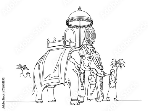 Decorated Elephant at Indian Festival Procession. Traditional Thrissur Pooram Celebration in Kerala. One Continuous Line Art.