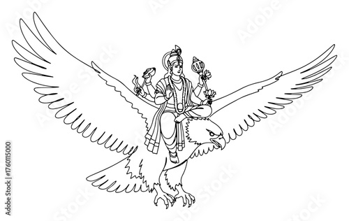Lord Vishnu Riding Garuda Continuous Line Drawing. Vector Illustration of a Hindu God and his Vahana.