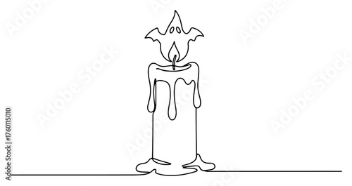Halloween candle with a spooky ghost flame. Continuous one line drawing of a holiday decoration. Vector illustration.