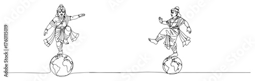 Vamana Avatar of Lord Vishnu Continuous Line Drawing Set. Vector Illustration of Trivikrama conquering the Earth.