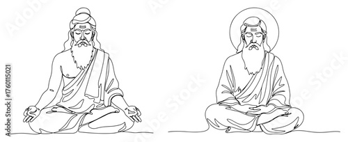 Meditating Hindu Sage Continuous Line Drawing Set. Vector Illustration of a Guru or Yogi in Lotus Pose.