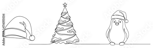 Christmas Icon Set in One Continuous Line Art. Santa Hat Tree and Cute Penguin. Vector Holiday Collection.