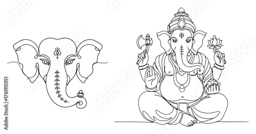 Lord Ganesha Set. Hindu Elephant God Portrait and Full Body Pose. One Continuous Line Art Vector Illustration.