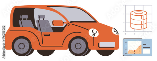 Compact orange car next to data analytics charts focusing on automotive diagnostics, performance tracking, and technological advancements. Ideal for transportation, innovation, technology, research
