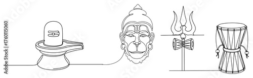 Hindu Symbols of Lord Shiva and Hanuman. One Continuous Line Art Collection with Lingam Trishula and Damaru. Vector Icons.